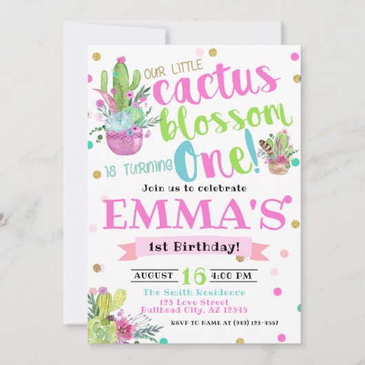 ボヘミアンサボテンの花1歳の誕生日 招待状 (正面)