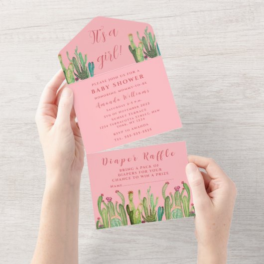 ボヘミアンサボテン砂漠の赤ちゃんシャワーガールピンク オールインワン招待状 (貼ってはがせる)