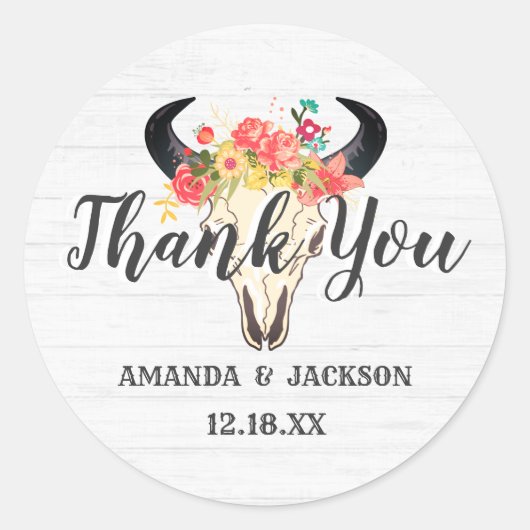 ボヘミアンシック牛スカルフローラ結婚ズサンキューユー ラウンドシール (正面)