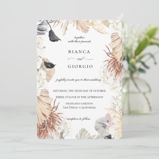 ボヘミアンジャングルの葉のフレーム結婚式招待状 招待状 (スタンド正面)