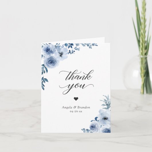 ボヘミアンスタイルのほこりっぽい青い花のトレンディでおしゃれ サンキューカード (正面)