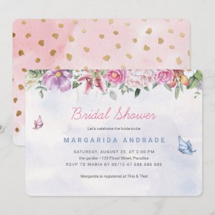 ボヘミアンスタイルのウェディングシャワー 水彩花イラスト ピンク ゴールド 招待状