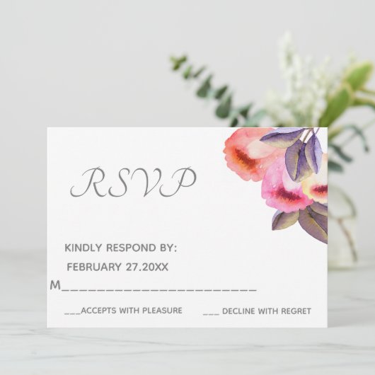 ボヘミアンスタイルのエレガントでモダンな水彩画のチューリップ 出席返信 招待状 (スタンド正面)