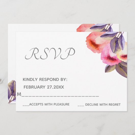 ボヘミアンスタイルのエレガントでモダンな水彩画のチューリップ 出席返信 招待状 (正面/裏面)