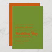 ボヘミアンスタイルのオリーブとバーントオレンジのタイポグラフィー結婚式 招待状 (正面/裏面)