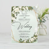 ボヘミアンスタイルのオリーブの葉のグリーンと白いバラのゴールドフレームのウェディング 招待状 (スタンド正面)