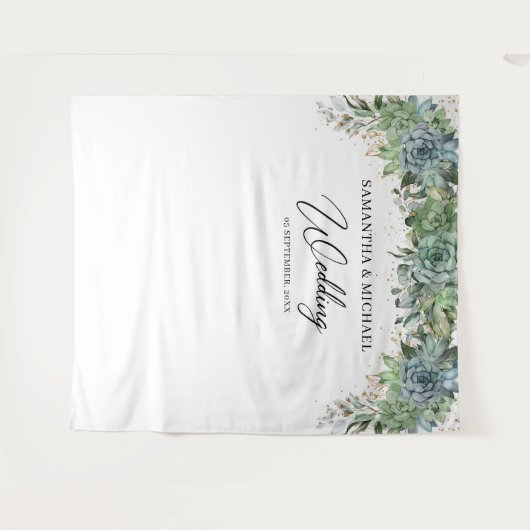 ボヘミアンスタイルのサボテンとユーカリのゴールドフレームのウェディング タペストリー (正面(横))