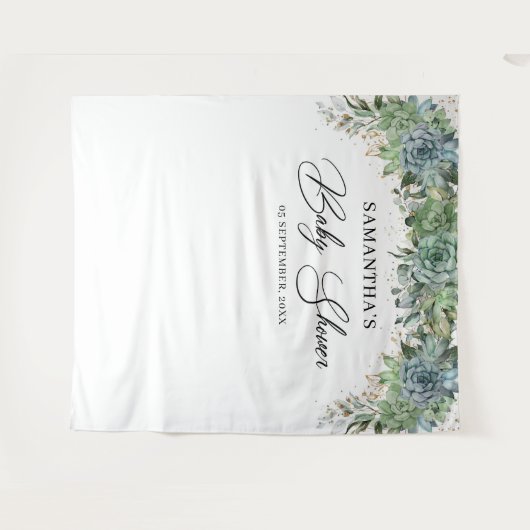 ボヘミアンスタイルのサボテンとユーカリのゴールドフレームのベビーシャワー タペストリー (正面(横))