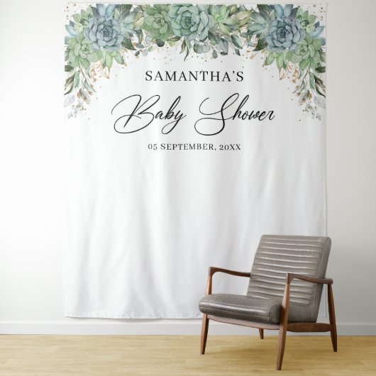 ボヘミアンスタイルのサボテンとユーカリのゴールドフレームのベビーシャワー タペストリー (インサイチュ)