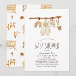 ボヘミアンスタイルのジェンダーニュートラル ドライブスルー ベビーシャワー 招待状