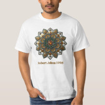 ボヘミアンスタイルのテールグリーンとゴールドの曼荼羅装飾Tシャツ