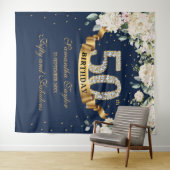 ボヘミアンスタイルのネイビーグリーンと白いバラの誕生日 タペストリー (インサイチュ(横))