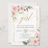 ボヘミアンスタイルのバラ色の花柄ゴールド イッツアガール ベイビー 招待状 (正面)