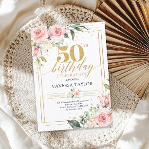 ボヘミアンスタイルのブーシュピンクの花とゴールドの50歳の誕生日 招待状