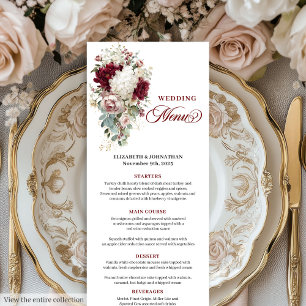 ボヘミアンスタイルのマルサラゴールドバラのロマンティックな結婚式メニューカード メニュー
