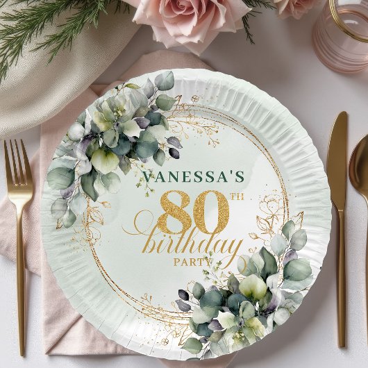ボヘミアンスタイルのユーカリ ゴールド プレート 80周年記念のお祝いに乾杯