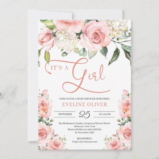 ボヘミアンスタイルのロマンチックなフラッシュフローラル 女の子の赤ちゃん 招待状 (正面)