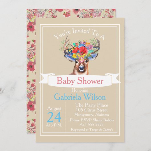 ボヘミアンスタイルの水彩花柄鹿の女の子ベビーシャワー 招待状 (正面/裏面)