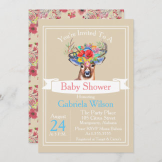 ボヘミアンスタイルの水彩花柄鹿の女の子ベビーシャワー 招待状