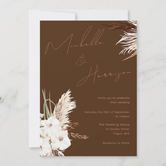 ボヘミアンスタイルの白い花のモダンな春/秋の結婚式 招待状 (正面)