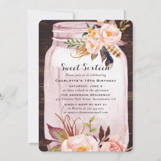 ボヘミアンスタイルの素朴なメイソンジャー ピンクのスイート16の誕生日 招待状 (正面)