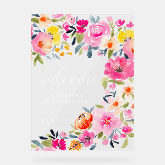 ボヘミアンスタイルの華やかな花の水彩画ウェルカムメッセージ アクリルサイン (正面)