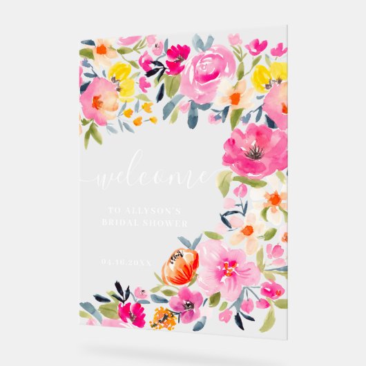 ボヘミアンスタイルの華やかな花の水彩画ウェルカムメッセージ アクリルサイン (傾斜)