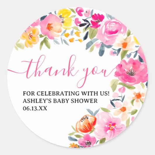 ボヘミアンスタイルの鮮やかな花の水彩画の感謝メッセージ ラウンドシール (正面)