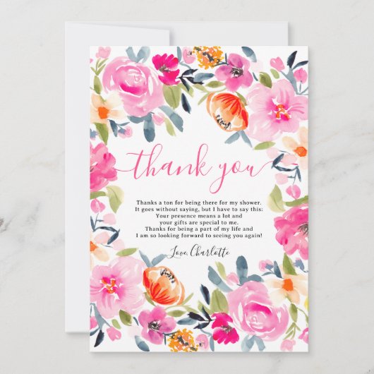 ボヘミアンスタイルの鮮やかな花の水彩画を使ったブライズシャワーの招待状 サンキューカード (正面)