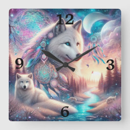 ボヘミアンスタイルウルフアンドドリームキャッチャー スクエア壁時計