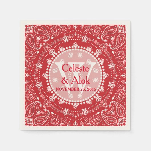 ボヘミアンスタイルレッド結婚ペイズリーズカスタム スタンダードカクテルナプキン (正面)