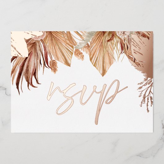 ボヘミアンスタイル ドライフラル ウェディング ローズ ゴールド フォイル RSVP 箔招待状 (正面)