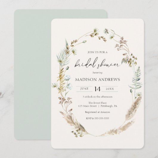 ボヘミアンスタイル ドライフラワーブーケ ブルー ブライダルシャワー 招待状 (正面/裏面)