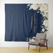 ボヘミアンスタイル ネイビーと白のグリーン花卉 ウェディング タペストリー (インサイチュ(横))