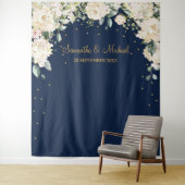 ボヘミアンスタイル ネイビーと白のグリーン花卉 ウェディング タペストリー (インサイチュ)