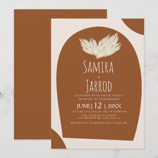 ボヘミアンスタイル 手描き ナチュラル アーチ パンパス ウェディング 招待状 (正面/裏面)