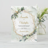 ボヘミアンチックなユーカリの葉のグリーンが施された、偽のゴールドフレーム 招待状 (スタンド正面)