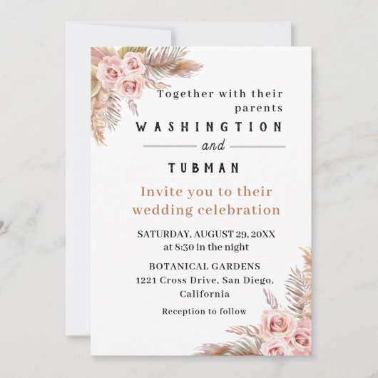 ボヘミアンチックな花のウェディング招待状カード 招待状 (正面)