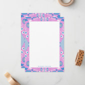 ボヘミアンチンツイラストレーションピンクブルーホワイトネーム ノートカード (正面/裏面インサイチュ)