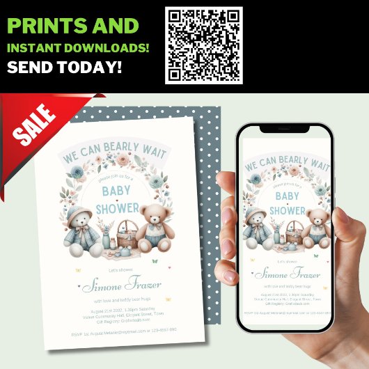 ボヘミアンティードベアピクニックベイビーシャワーテーマ男子 招待状