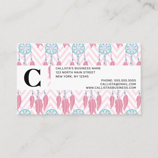 ボヘミアンティール(緑がかった色)ピンクビーズドリームキャッチャーシェブロン ロイヤリティカード (裏面)