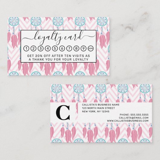 ボヘミアンティール(緑がかった色)ピンクビーズドリームキャッチャーシェブロン ロイヤリティカード (正面/裏面)