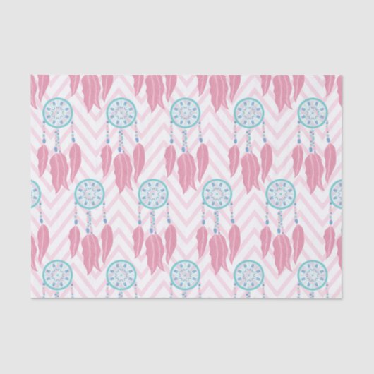 ボヘミアンティール(緑がかった色)ピンクビーズドリームキャッチャーシェブロン 薄葉紙 (正面)