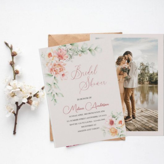 ボヘミアンテラコッタの花の水色ブライダルショー 招待状