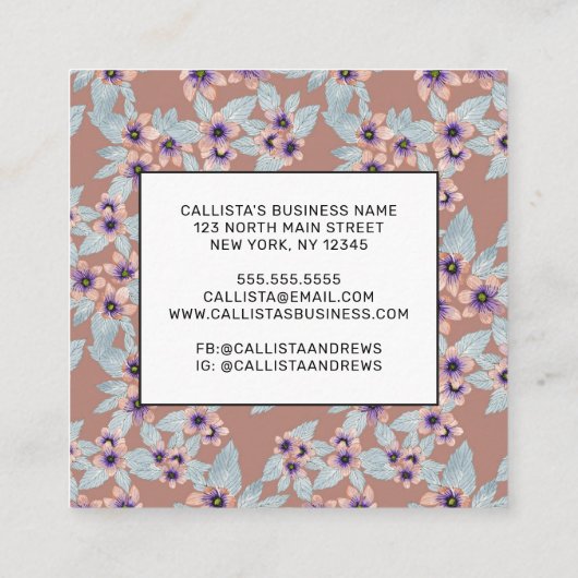 ボヘミアンテラコッタピンクフラワーズウォーター色 スクエア名刺 (裏面)