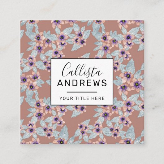 ボヘミアンテラコッタピンクフラワーズウォーター色 スクエア名刺 (正面)