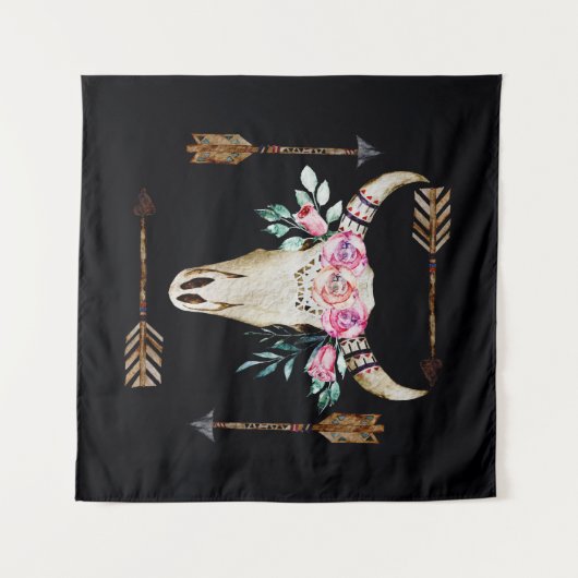 ボヘミアンディアースカルウォーターカラーアート タペストリー (正面(横))