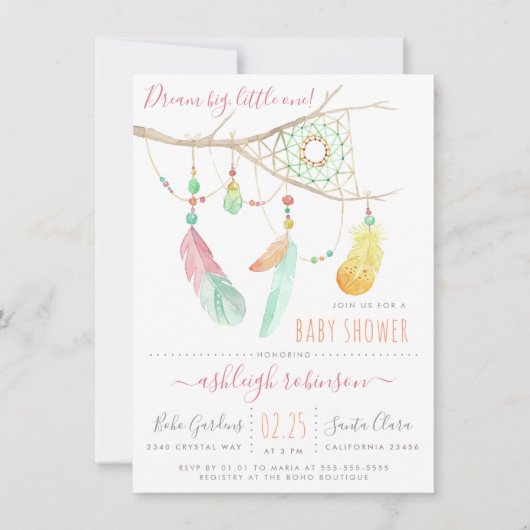 ボヘミアンドリームキャッチャー赤ちゃんガールシャワー招待状 招待状 (正面)
