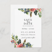 ボヘミアンナビーブルー コーラル フローラル セーブ・ザ・デート 案内状 (正面/裏面)