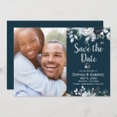 ボヘミアンナビーブルー ホワイト フラワーの結婚式 Save the Date セーブザデート (正面/裏面)